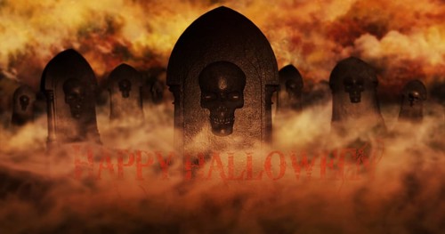 Cemetery At Night With Tombstones With Skulls And Burning Sky Full Of Clouds and Stars in The