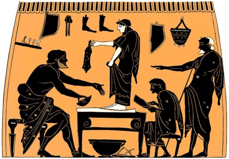 Ancient Greek shoemaker, workshop, black-figure pottery painting