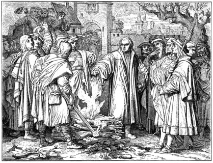 Historische Zeichnung, Martin Luther verbrennt die Decet Romanum Pontificem, eine päpstliche