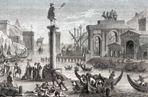A reconstructed harbour city of ancient Rome