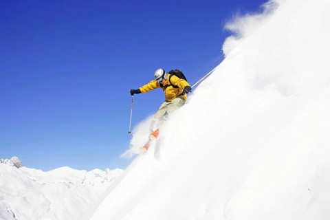 Skier in action, deep snow, trick skiing, man 30-40 years, Alpine region, Austria, Europe