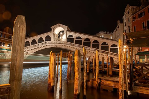 Rialto Bridge from Canal Grande at Night, Venice, Italy, Europe
