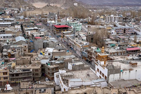 Leh, India, April 03, 2023: High angle view of the main shopping street at Main Bazaar in the city