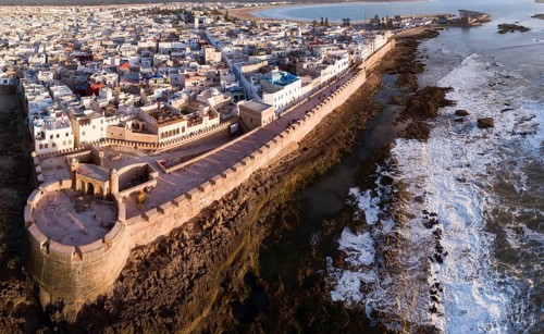 Aerial panorama of medieval Essaouira old city on Atlantic coast at sunset, Morocco, Africa