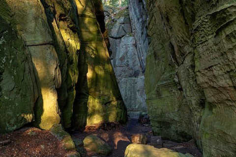 Narrow passage in the sandstone, Mullerthal Trail, hiking trail near Berdorf, Luxembourg, Europe