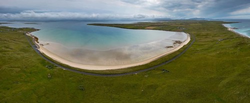 A panorama view of the southern Mullet Peninsula in County Mayo in western Ireland with Elly Bay