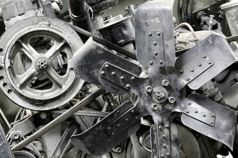 An old outdated engine - a radiator fan, closeup