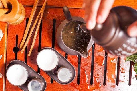 Close-up table with earthenware for Chinese tea ceremony
