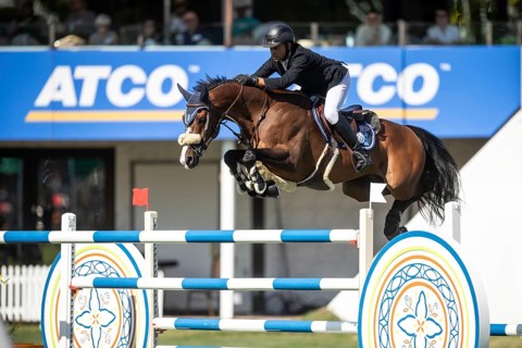 Sameh El Dahabn of Great Britain and riding WKD Toronto compete in the first round of the 1.60m