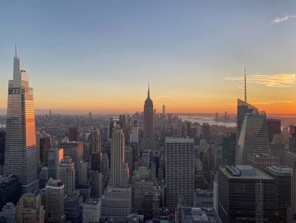Panorama of New York at sunset with the Empire State Building in the centre, the skyline of a big