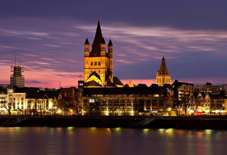 Historic centre of Cologne at dusk with Groß St. Martin and town hall, Germany Cologne, Germany,
