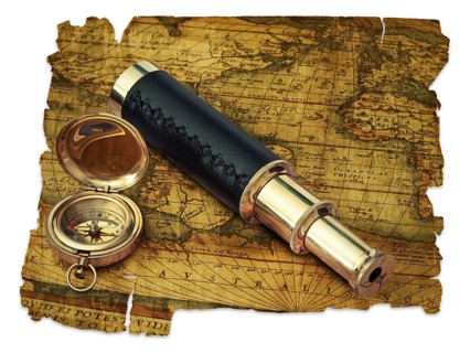 Traveling theme: vintage telescope and compass at antique (17 century) map over white