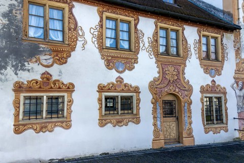 Detail of a painted building of the town wall in Klosterhofstraße, Rot an der Rot, Swabia,