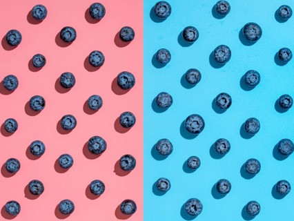 Blueberry pattern. Minimalistic concept. Top view or flat lay. Blueberries staggered on two colors