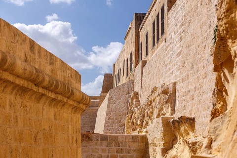 Walls of Fort St. Angelo, former fortress of the Knights of St. John, in Birgu, Malta, in 2017,