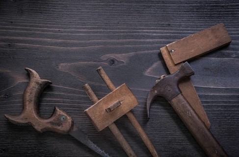 Rusted hand saw wooden marking gauge claw hammer square ruler