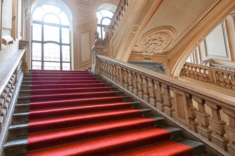 Turin, Italy, January 2023: Palazzo Barolo staircase. Luxury palace with old baroque interior and