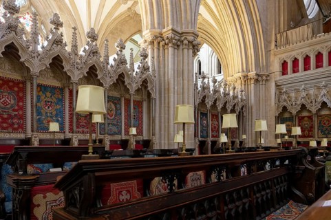 Interior view, choir stalls, Wells Cathedral, Wells, England, Great Britain