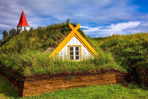 The village of houses covered with turf and grass. Church bell tower with red gabled roof.