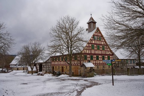 Snow-covered houses in the Hohenlohe Open-Air Museum, Wackershofen, half-timbered house, farmhouse,