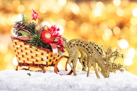Christmas sleigh with decor and reindeers in the snow