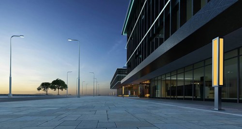 Exterior view of urban street and commercial office buildings exterior. 3d rendering