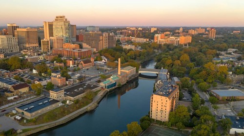 Saturated early morning light hits the buildings and architecture of downtown Wilmington Delaware