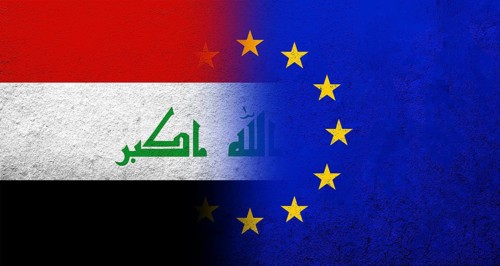 Flag of the European Union with Iraq National flag. Grunge background