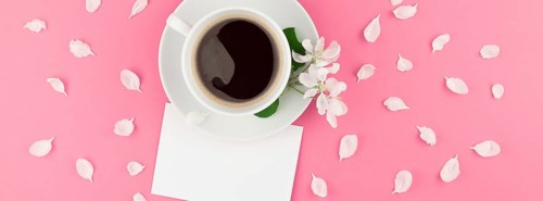 Creative flat lay concept top view of coffee cup and white apple tree flowers petals on pastel pink