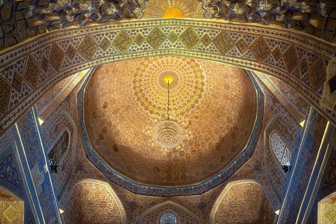 Interior inside the old ancient uzbek tomb - Amir Temur maqbarasi, Go‘ri Amir in Uzbekistan