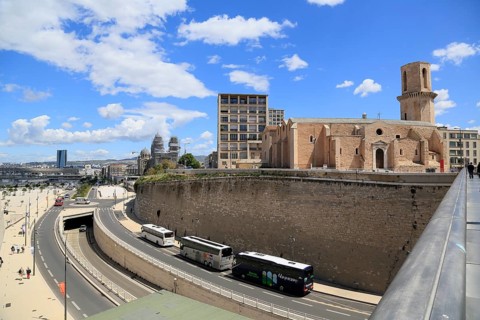 Saint Laurent church above the harbour entrance to the Vieux Port, behind La Major cathedral,