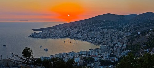 View from the Lekuresi castle on Saranda at sunset during touristic low season