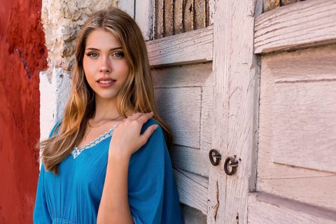 A stunning young traveler explores Telchec, Mexico's vibrant streets, basking in colorful
