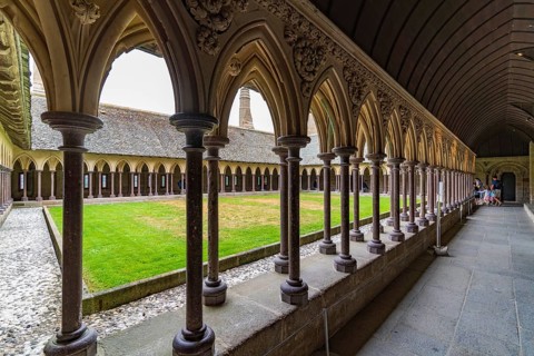 Cloister of Mont Saint Michel Abbey in Normandy, France, Europe