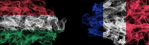 Flags of Hungary and France on Black background, Hungary vs France Smoke Flags