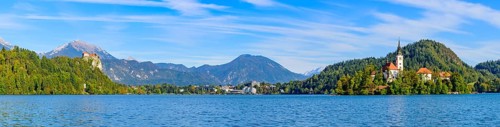 Panoramic view of Lake Bled, a popular tourist destination in Slovenia