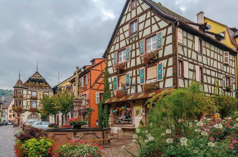 Main street with historical houses in Kaysersberg, Alsace, France, Europe