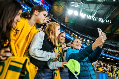 MELBOURNE, AUSTRALIA, JULY 14 : Steph Catley of Australia with fans post match after beating France