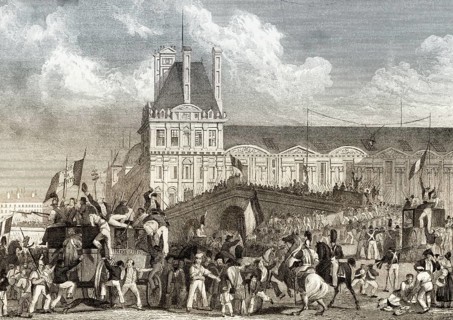 The migration of Charles X to Rambouillet, 1830, July Revolution, Paris, antique steel engraved