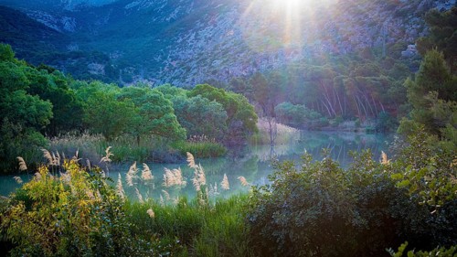 View on the nature and landscape of river Embalse de Gaitanejo on the hiking path Caminito Del Rey