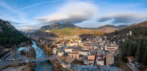 An aerial landscape view of the French village of Castellane in the Upper Verdon Gorge