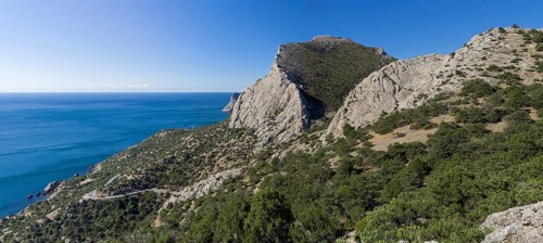 Mountains on the Black Sea coast of Crimea. The coast between Sudak and Novyy Svet. Sunny day at