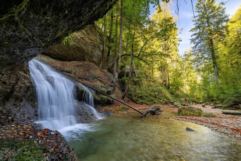 Picturesque waterfall in the middle of a tranquil forest with clear skies and surrounding rocks and