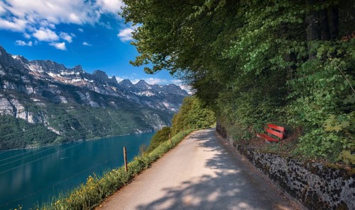 Alley near Walensee lakeshore, with a view to the snow-capped peaks of the Swiss Alps mountains in