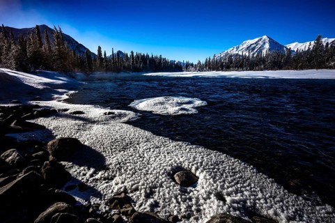 Snowy lake with mountains and forest under a clear blue sky, Yukon, Canada, North America