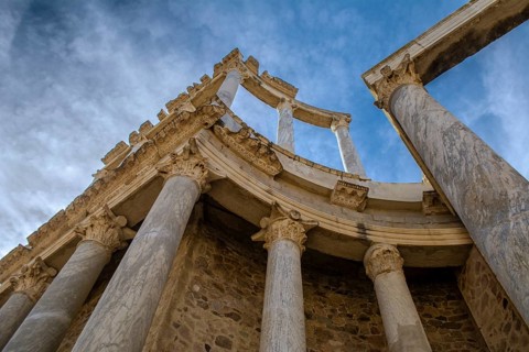 Detail view of the Roman Theatre columns in Merida, Spain, Europe