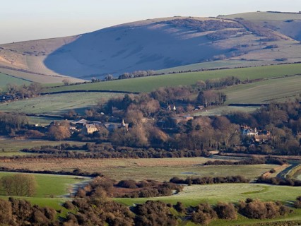 Village of Litlington in East Sussex, from High and Over across to Windover Hill