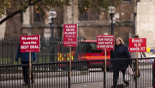 Protesters holding signs and banners in the street, focusing on Brexit issues in the Greater London