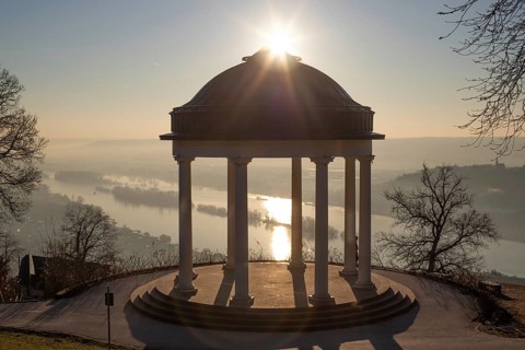 Beautiful temple in a landscape shot. Sunrise on a winter morning. Beautiful view along the Rhine
