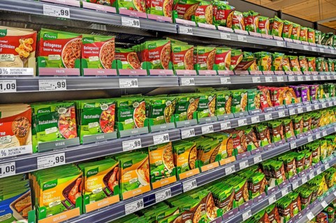 Shelf with ingredients in bags for various dishes in a wholesale store, Kempten, Allgäu, Bavaria,